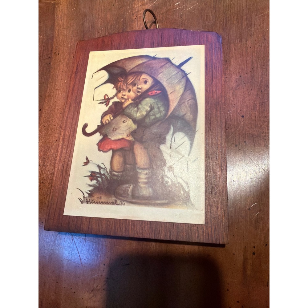 Vintage Hummel Stormy Weather Wooden Wall Plaque Goebel Boy Girl Umbrella Art